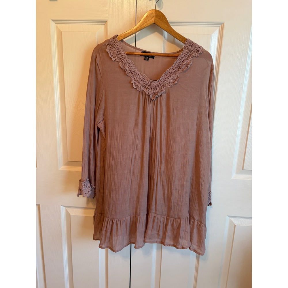 Cal Style USA Womens 2XL Mauve Pink Crochet Lace Trim Crinkle Gauze Tunic Top